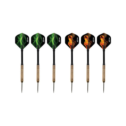 Six dart arrows are displayed in a row featuring designs of green lightning and orange flames on their fins they are set against a plain background