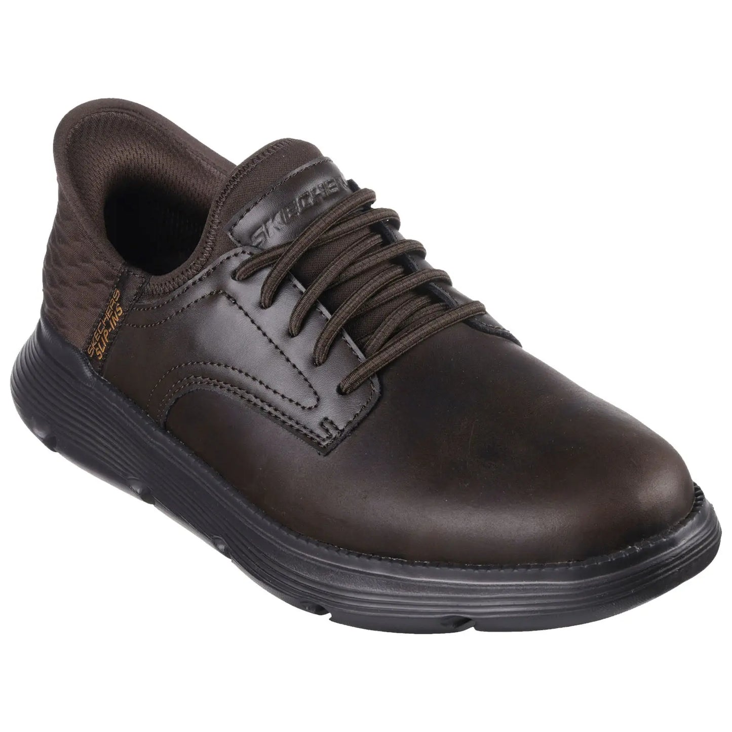 A brown sneaker features a smooth leather body and textured heel with laces. It is designed for comfort and style, likely placed on a neutral backdrop.