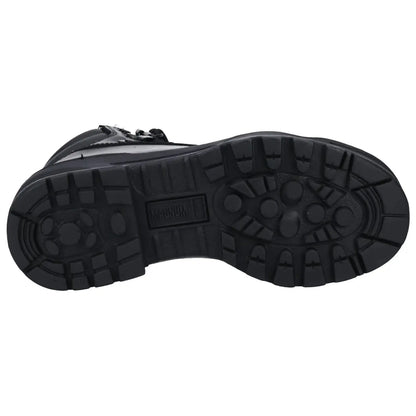 A black boot is resting on a flat surface showcasing its textured rubber sole with distinct treads designed for grip and traction in various environments.