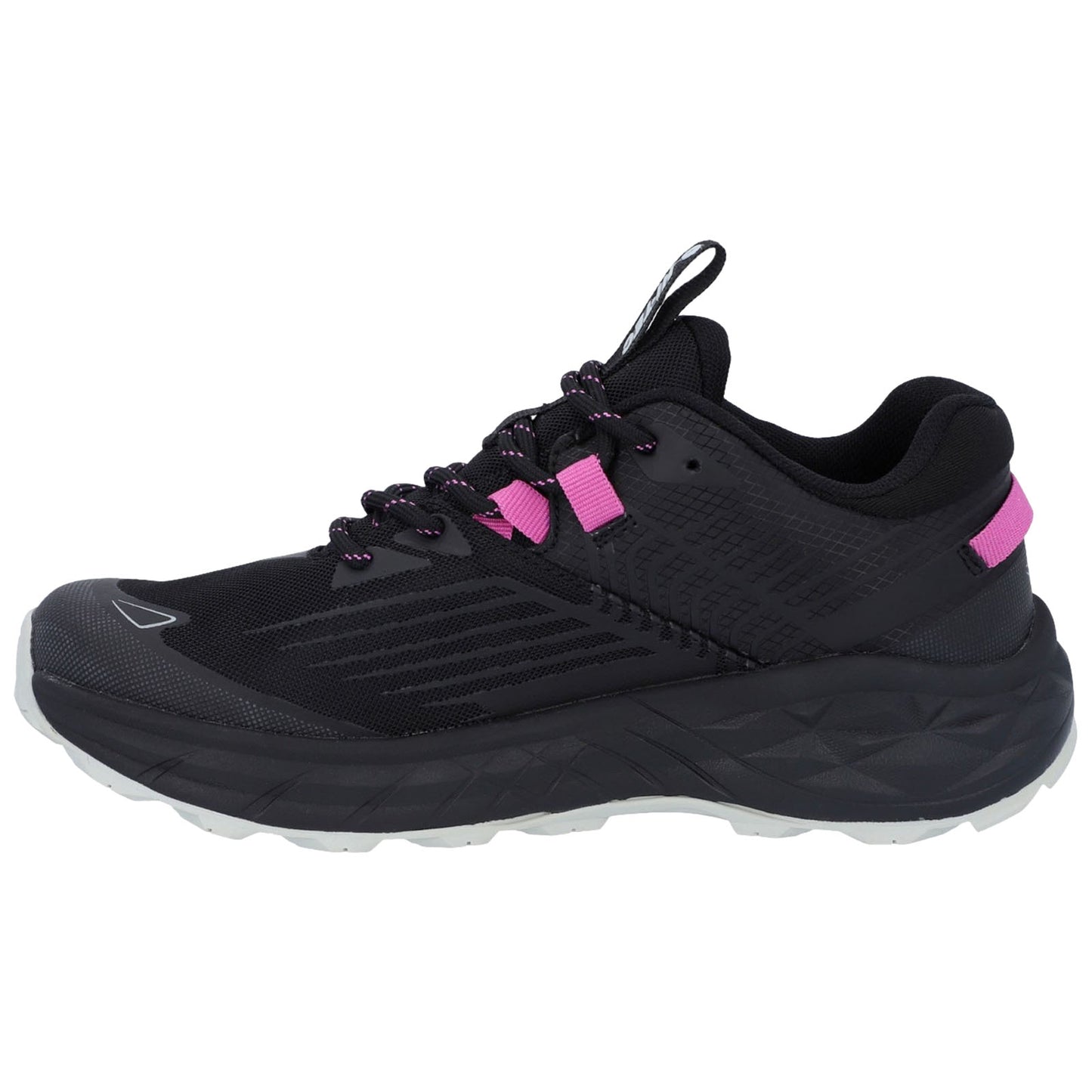 A black athletic shoe with pink accents is displayed resting on its side showcasing a textured upper and a white outsole designed for traction in various environments.