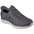A gray athletic shoe with a mesh upper and elastic laces sits on a light surface showcasing its streamlined design and cushioned sole ideal for walking or running. The brand logo is prominently displayed.