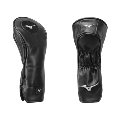 Black golf headcovers sit side by side displaying a sleek leather-like texture and elastic openings with a logo on each. They are designed to protect golf clubs while enhancing style.