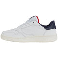 A white sneaker with a smooth leather upper features grey laces and a textured sole. The heel has a navy accent while the interior has a red detailing.