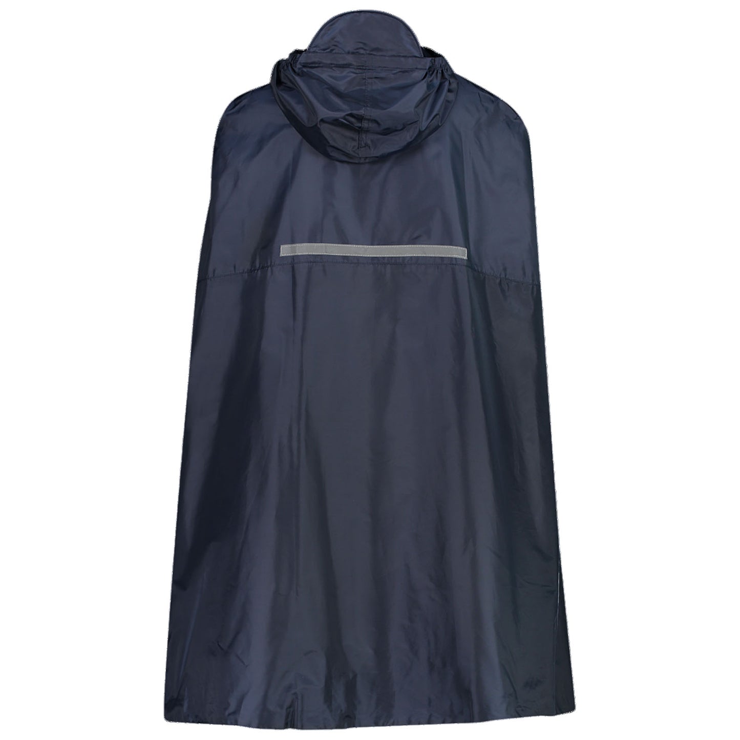 A dark blue rain poncho hangs vertically showcasing a hood and reflective strip across the back indicating its purpose for protection against rain in outdoor environments.