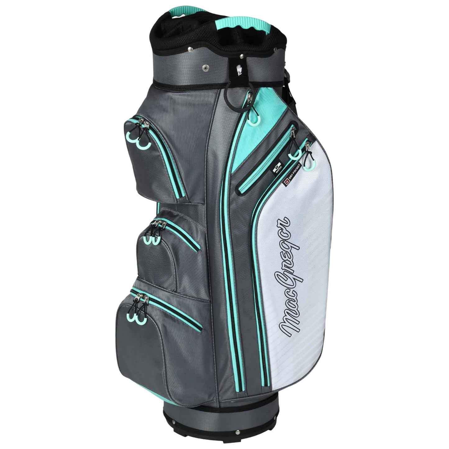 A gray golf bag with turquoise accents stands upright featuring multiple zippered pockets for storage and the name 'MacGregor' printed on the side designed for transporting golf clubs and accessories.