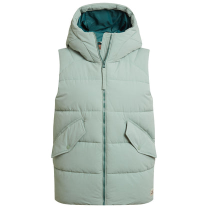 A light green puffy vest with a hood is displayed front-facing featuring a central zipper and two side pockets designed for warmth in a casual outdoor setting.