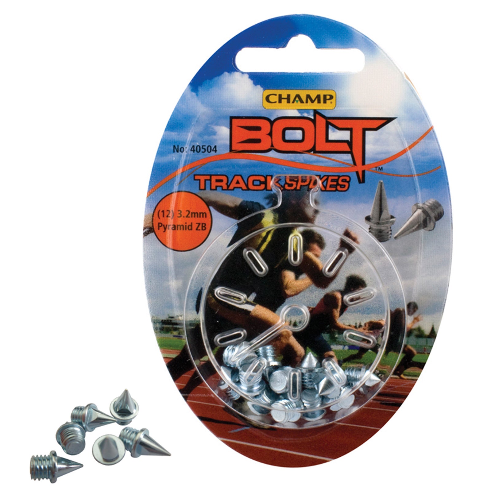 A circular plastic package contains shiny metal track spikes designed for athletic shoes with a display of runners in action on a track field in the background.