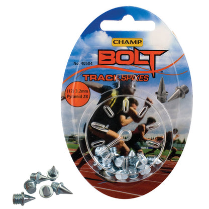 A circular plastic package contains shiny metal track spikes designed for athletic shoes with a display of runners in action on a track field in the background.