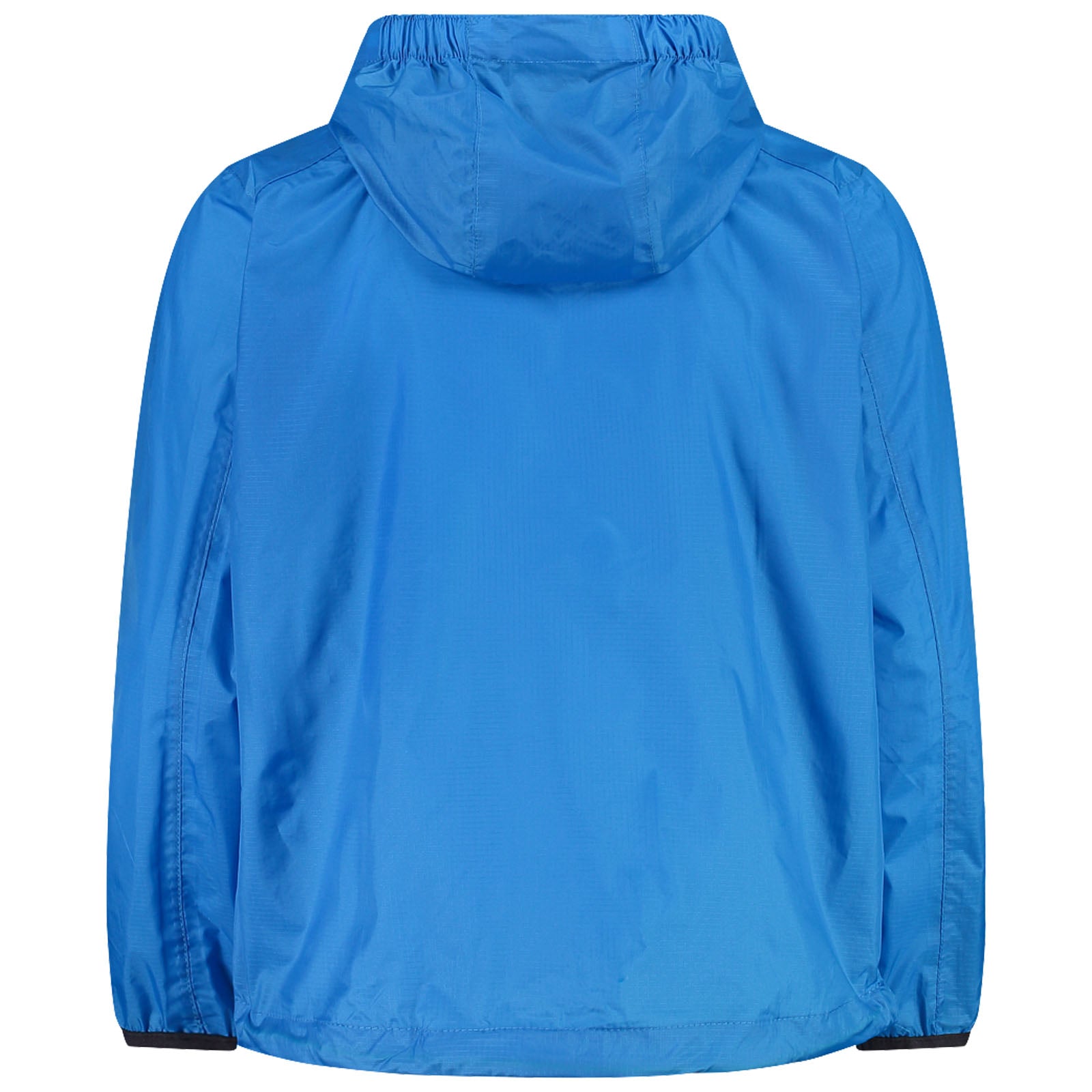 A blue jacket with a hood hangs freely showcasing a smooth fabric texture in a neutral setting with no distractions or additional elements in the background.