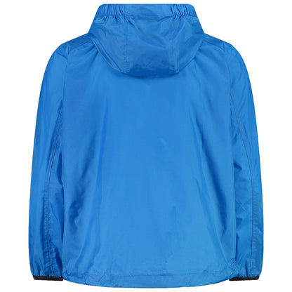 A blue jacket with a hood hangs freely showcasing a smooth fabric texture in a neutral setting with no distractions or additional elements in the background.