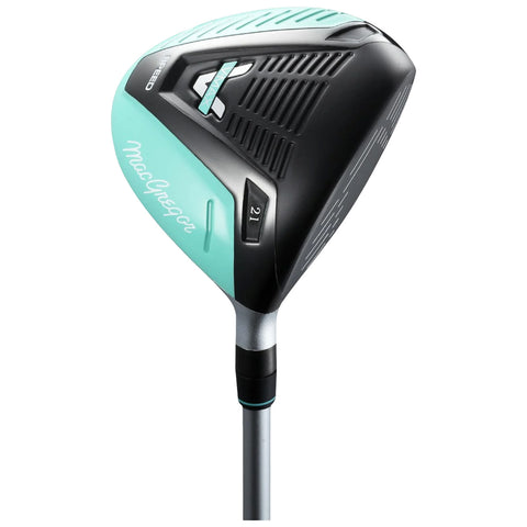 A golf club head features a sleek black and mint green design with a textured surface and adjustable settings indicating 21. It is positioned vertically on a neutral background.