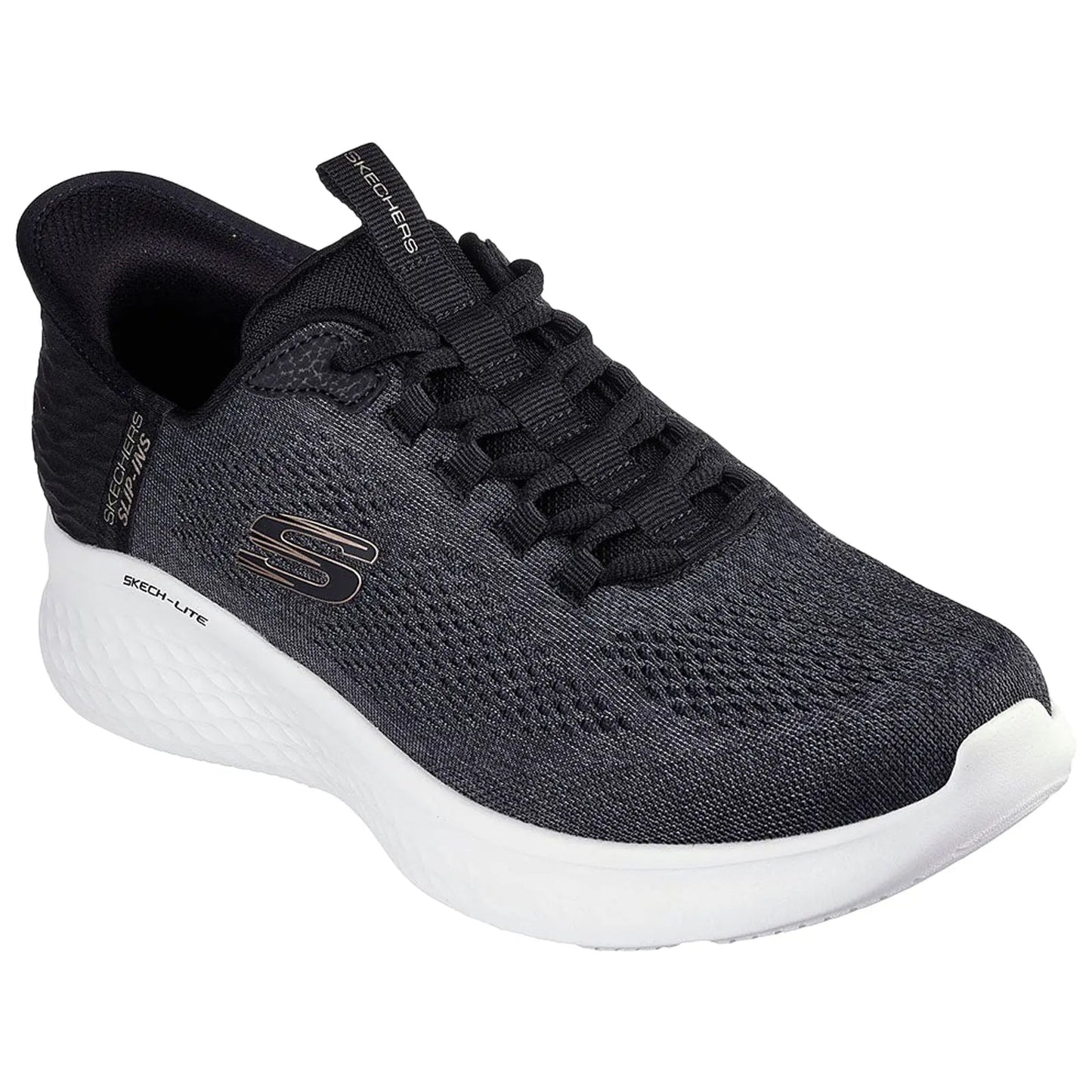 A black athletic shoe with a textured upper and white sole is displayed from an angled position showcasing its laces and branding emphasizing comfort and style for active wear.
