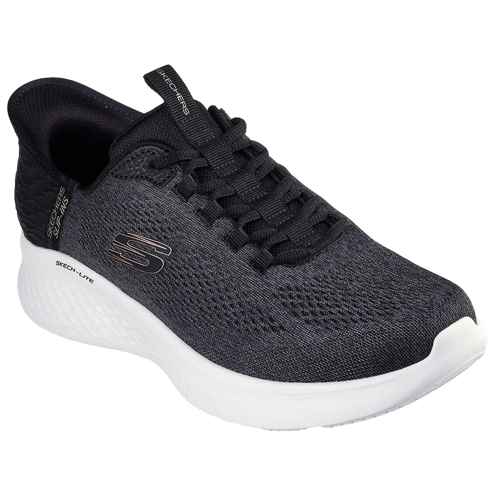 A black athletic shoe with a textured upper and white sole is displayed from an angled position showcasing its laces and branding emphasizing comfort and style for active wear.