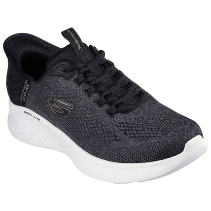 A black athletic shoe with a textured upper and white sole is displayed from an angled position showcasing its laces and branding emphasizing comfort and style for active wear.