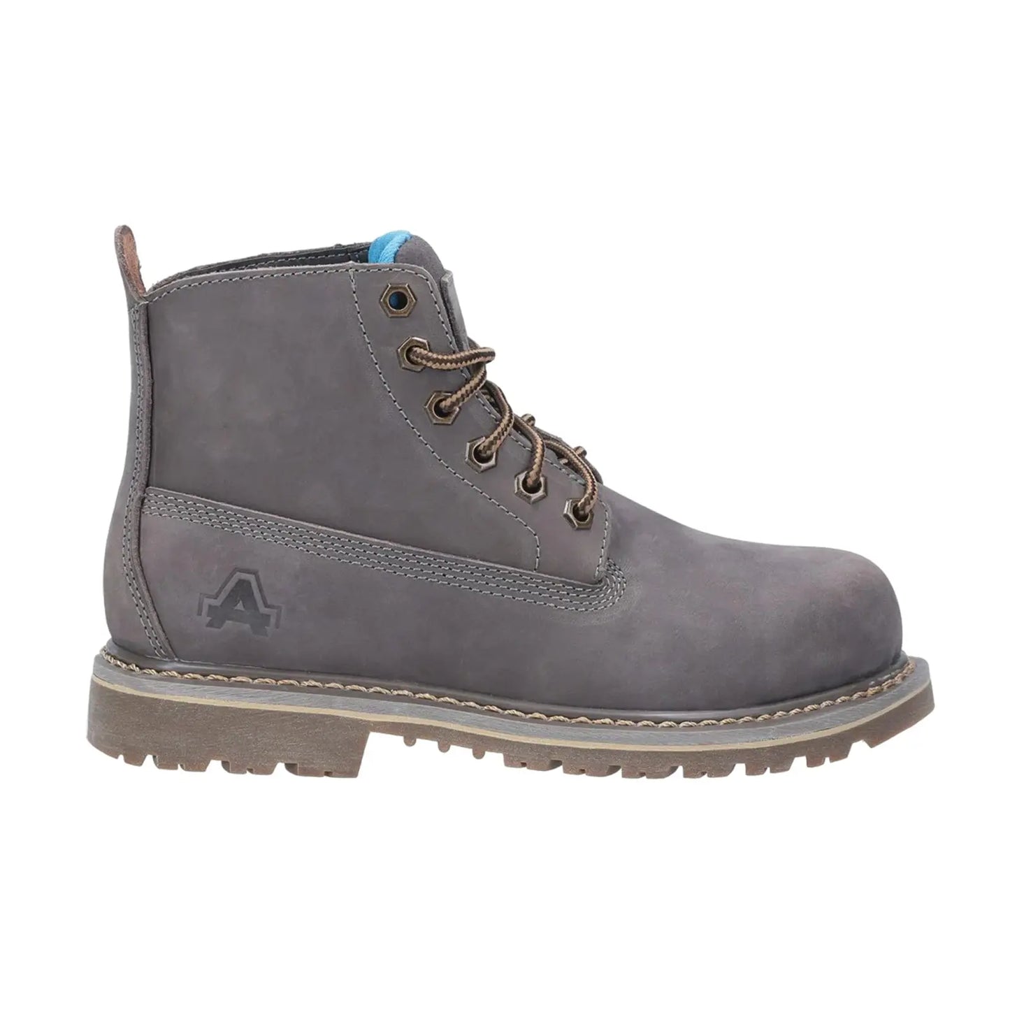 A gray ankle boot is displayed standing upright The boot features brown laces and a rugged sole designed for durability It has a simple and sturdy design suitable for outdoor use