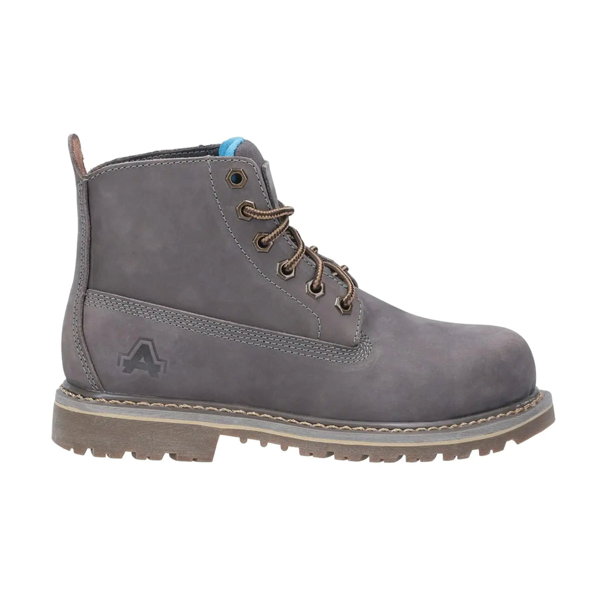 A gray ankle boot is displayed standing upright The boot features brown laces and a rugged sole designed for durability It has a simple and sturdy design suitable for outdoor use
