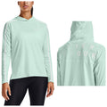 Under Armour Ladies Tech Twist Graphic Hoodie Light mint green long-sleeved hoodie with a front pocket and a hood is worn by a model showing a relaxed stance against a plain background featuring the brand name "UNDER ARMOUR" on the back.