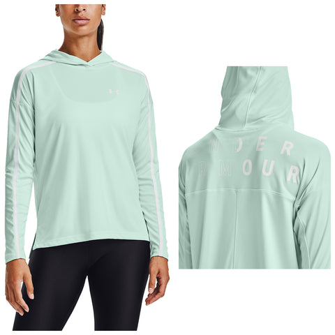 Under Armour Ladies Tech Twist Graphic Hoodie Light mint green long-sleeved hoodie with a front pocket and a hood is worn by a model showing a relaxed stance against a plain background featuring the brand name "UNDER ARMOUR" on the back.