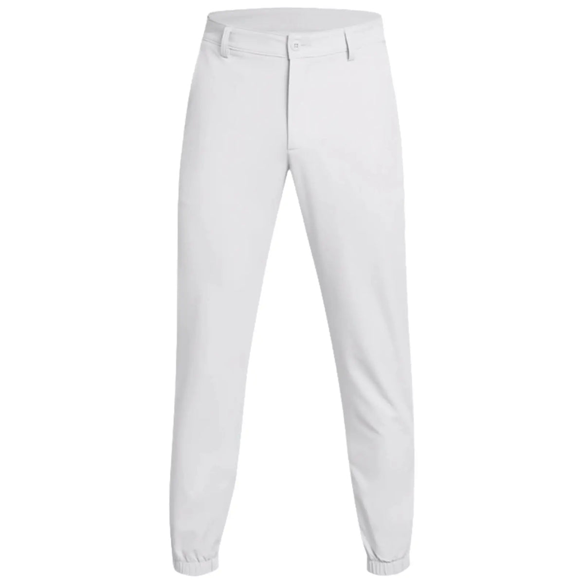 White pants with a slim fit and elastic cuffs are displayed standing upright against a neutral background showcasing a simple and clean design suitable for casual or athletic wear.
