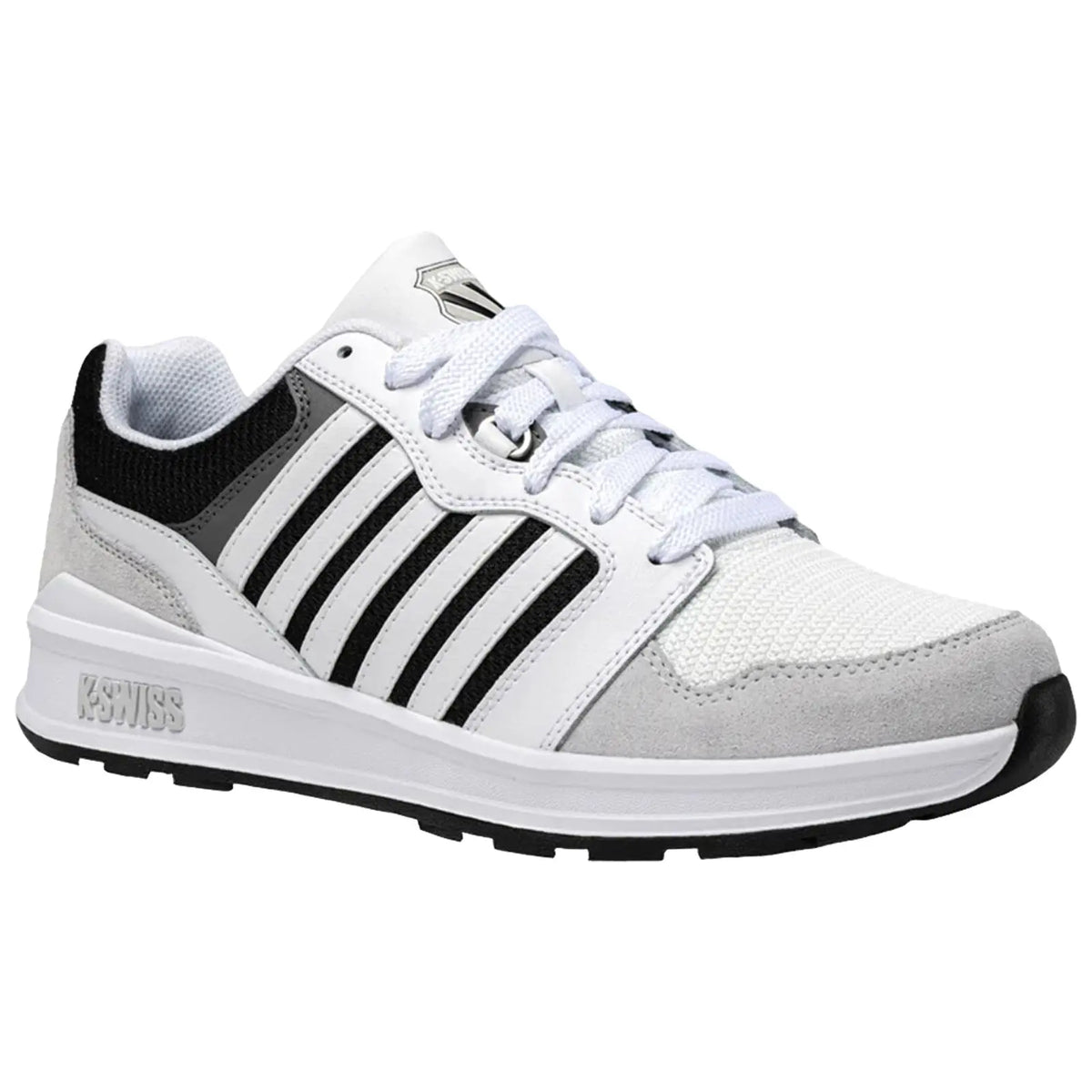 A sneaker is positioned on a flat surface showcasing a predominantly white design with black and gray accents featuring a textured upper mesh and a rubber outsole with patterned tread.