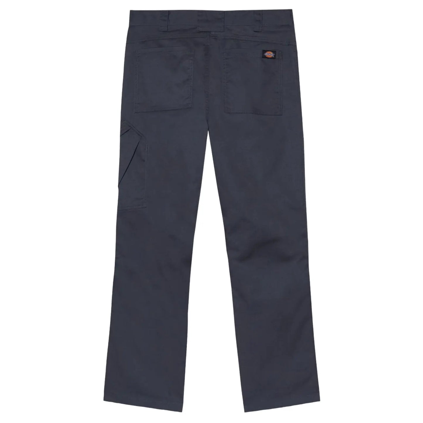 Dark-colored cargo pants are displayed folded flat showcasing multiple pockets and a brand label at the back with a simple and sturdy design suitable for work or casual wear.