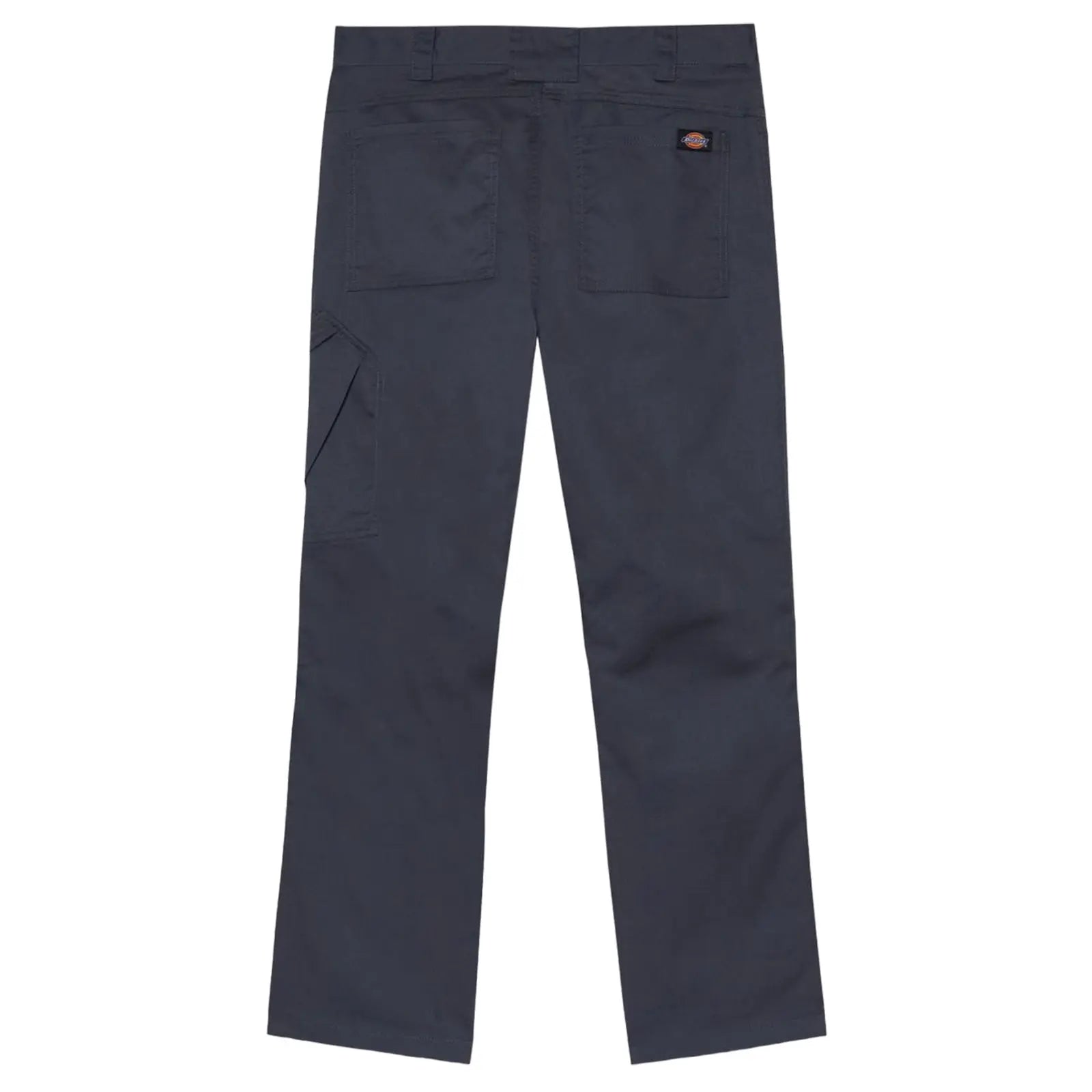 Dark-colored cargo pants are displayed folded flat showcasing multiple pockets and a brand label at the back with a simple and sturdy design suitable for work or casual wear.