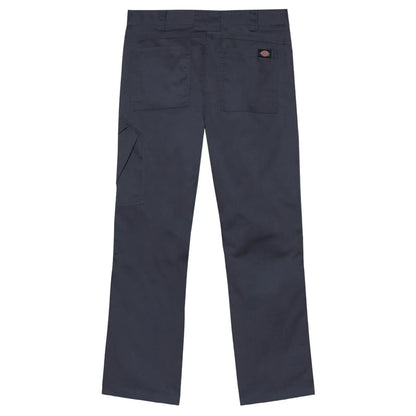 Dark-colored cargo pants are displayed folded flat showcasing multiple pockets and a brand label at the back with a simple and sturdy design suitable for work or casual wear.