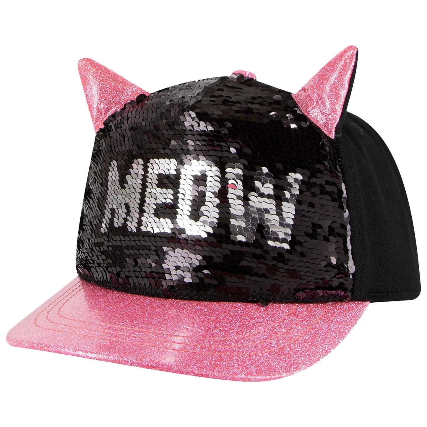 A black and pink sequined cap features sparkling pink ears and the word "MEOW" displayed prominently. It has a flat, shiny pink brim and is designed for playful, fun wear.