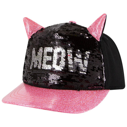 A black and pink sequined cap features sparkling pink ears and the word "MEOW" displayed prominently. It has a flat, shiny pink brim and is designed for playful, fun wear.