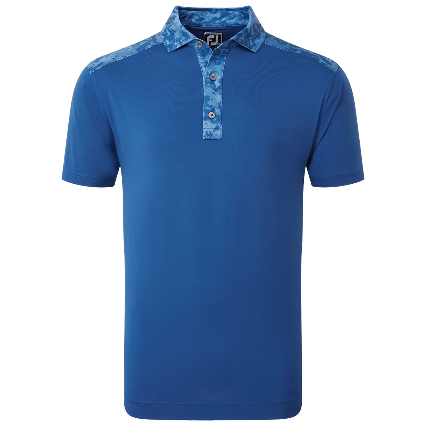 A blue polo shirt is displayed featuring a solid body with a patterned collar and shoulder accents highlighting its sporty design suitable for casual or athletic wear.