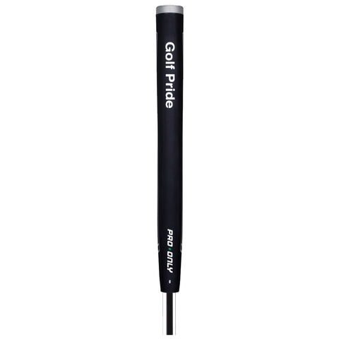 A black golf club grip with the words Golf Pride and PRO ONLY printed on it stands vertically against a plain white background, designed for improved handling during play.