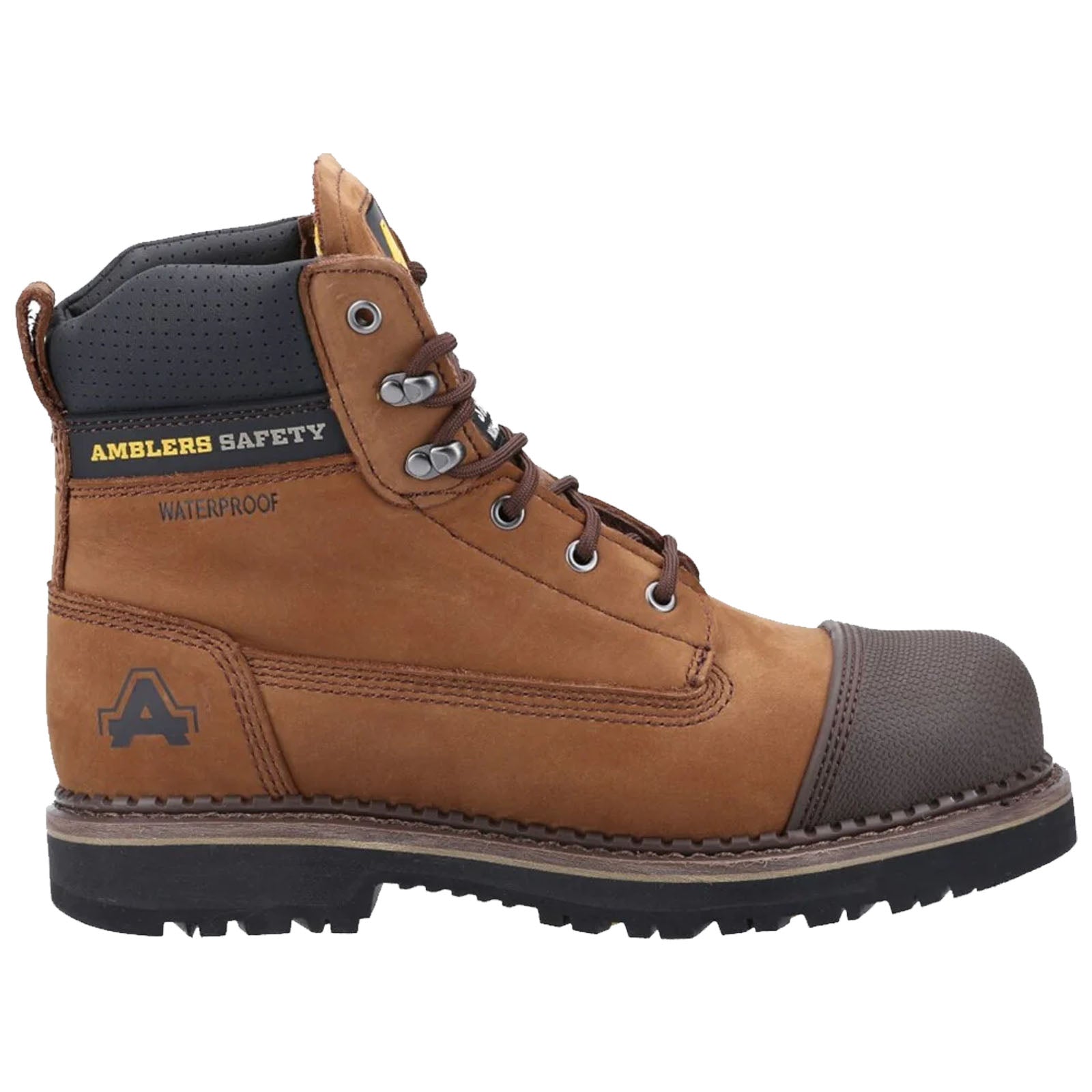 A brown waterproof safety boot is displayed upright with metal eyelets and laces revealing a durable rubber toe cap and traction sole emphasizing its rugged construction and protective features.
