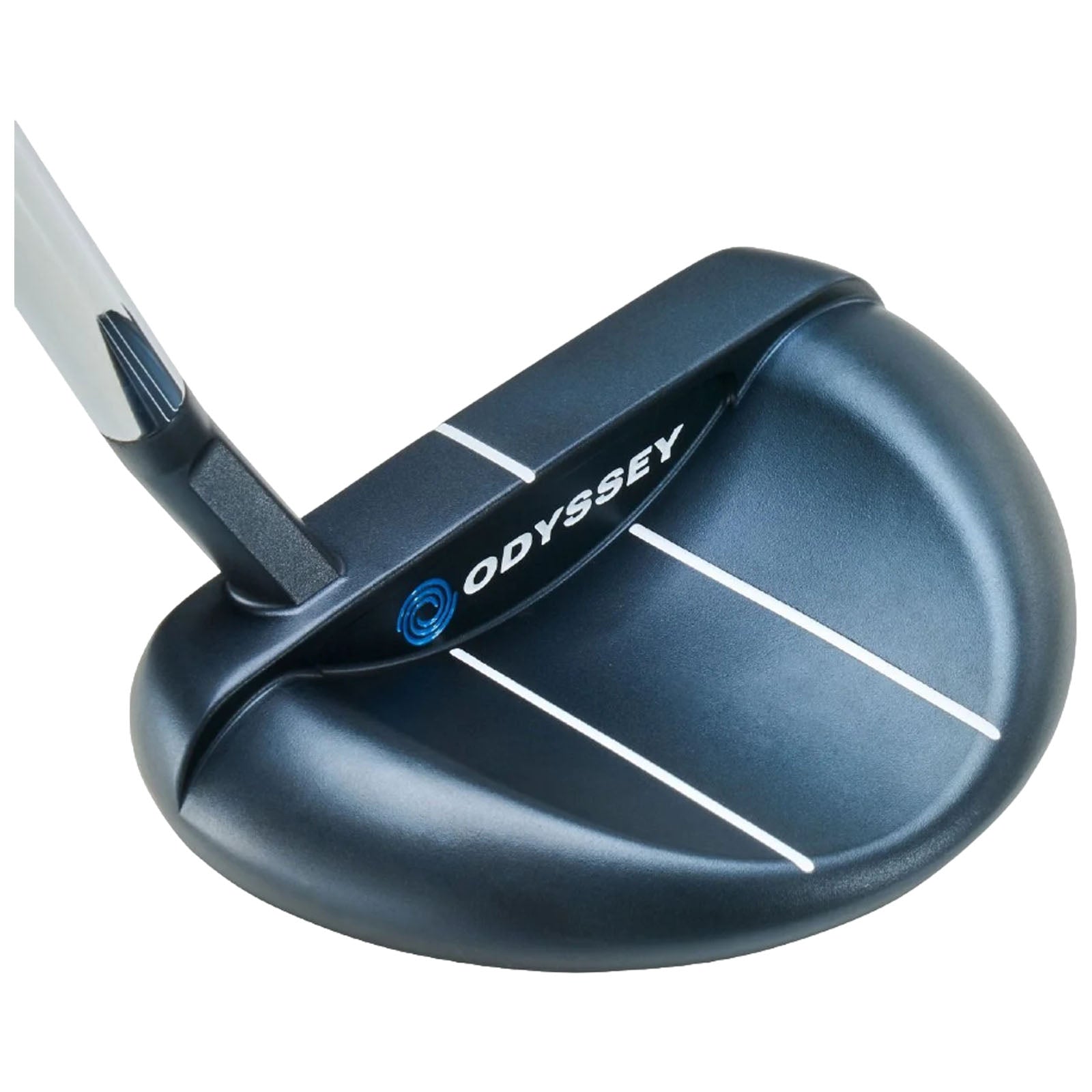 A golf putter rests on a flat surface displaying a rounded clubhead with a smooth black finish and white alignment lines featuring the brand name Odyssey prominently visible.