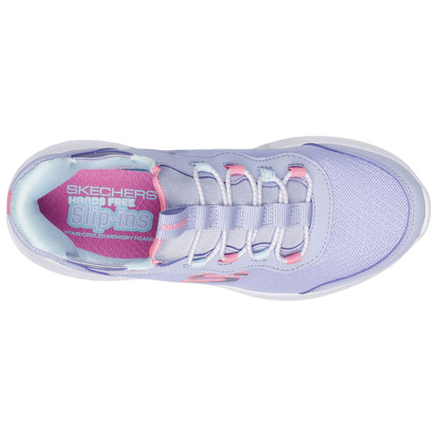 A lavender sneaker featuring a lace-up design and padded interior rests on a white background highlighting its sleek silhouette and textured fabric with colorful accents. Text reads SKECHERS HANDS FREE SLIP-INS AIR-COOLED MEMORY FOAM.