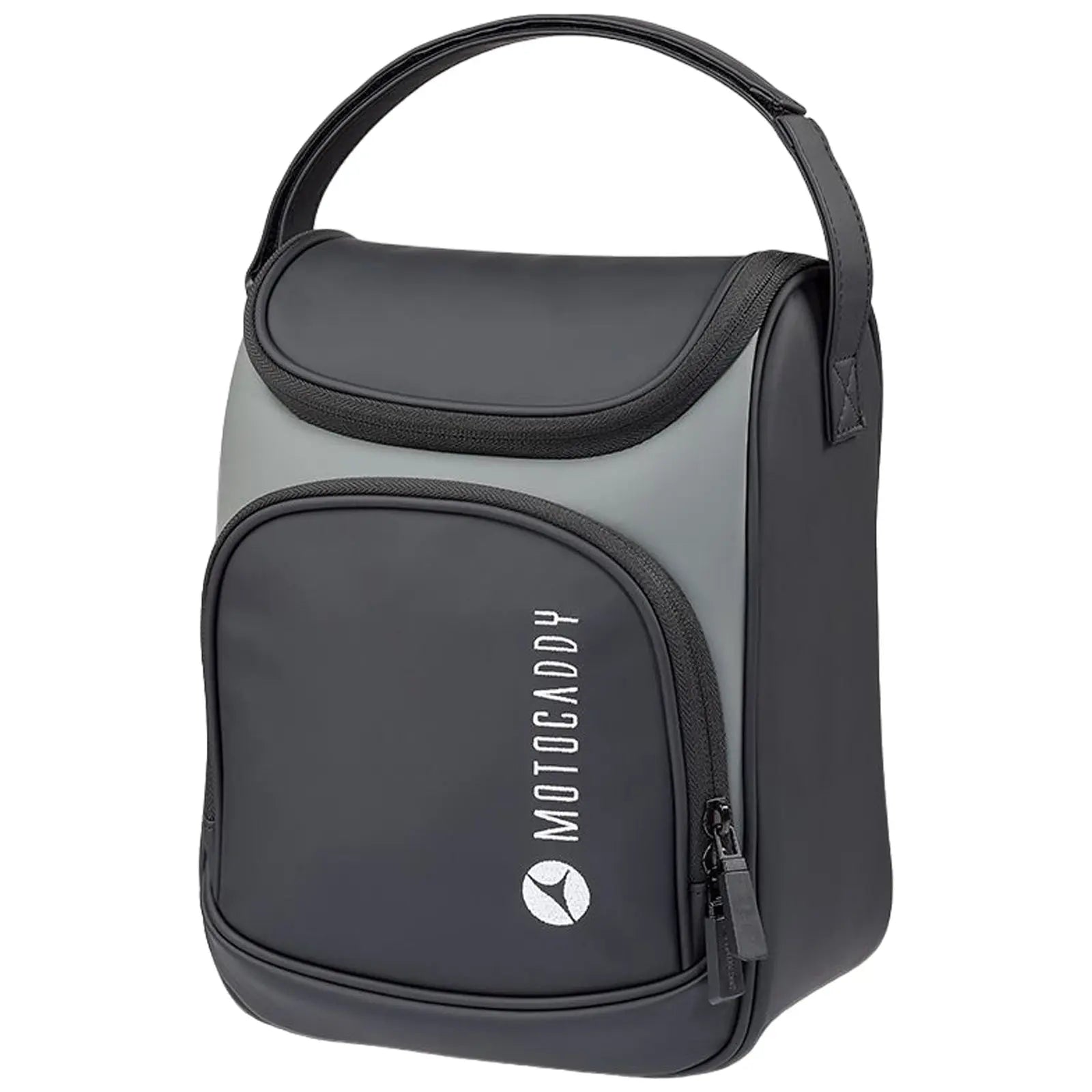 A black and gray insulated bag with a rounded top and a zippered front pocket is designed for carrying food or drinks with a handle on top for easy transport