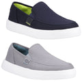 Two slip-on shoes are displayed one navy blue on top and one light gray below both have white rubber soles the interior of the navy shoe is bright green while the gray shoe has a blue interior
