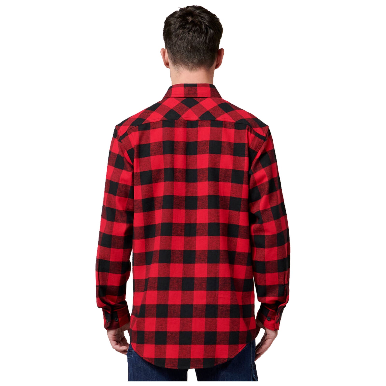 A person is standing with their back facing the viewer wearing a red and black checkered flannel shirt with long sleeves and blue jeans in a simple white background.