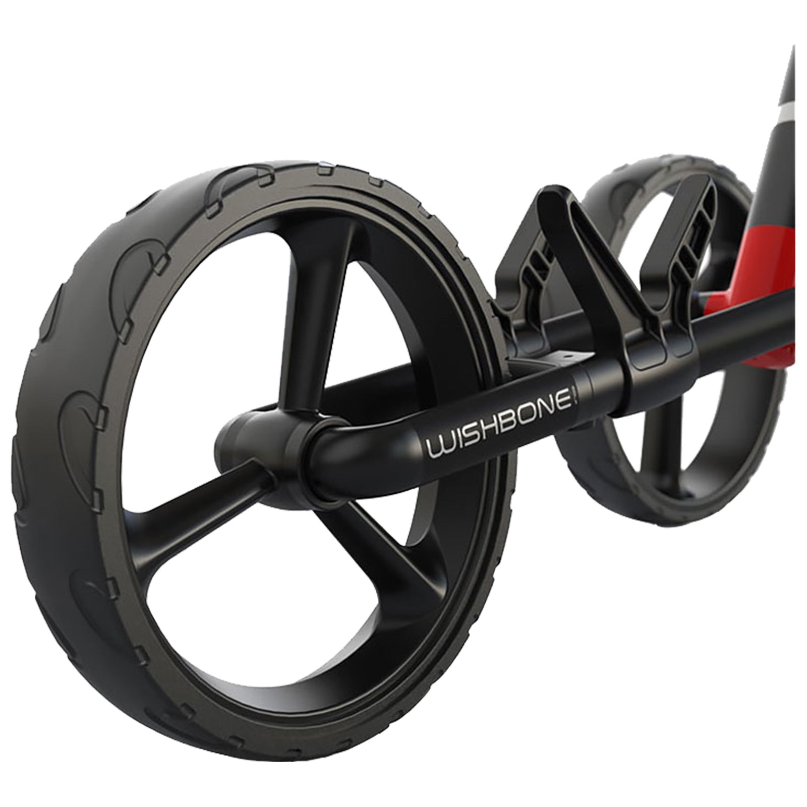 A black wheel with a five-spoke design is positioned prominently, attached to a scooter structure. The environment is not visible, focusing solely on the wheel and scooter components.