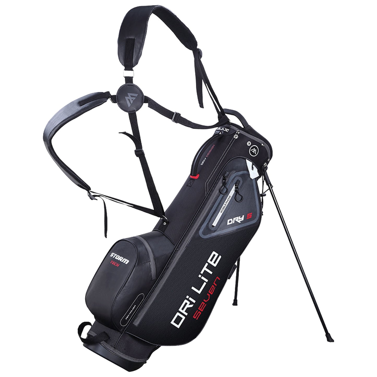 A black and red golf bag stands upright with a double strap for carrying it. It features multiple pockets and a sturdy base for stability, used in outdoor golfing environments.