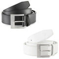 Two belts are displayed positioned horizontally the top one is black with a silver buckle featuring the word FARAH the bottom one is white also with a silver buckle