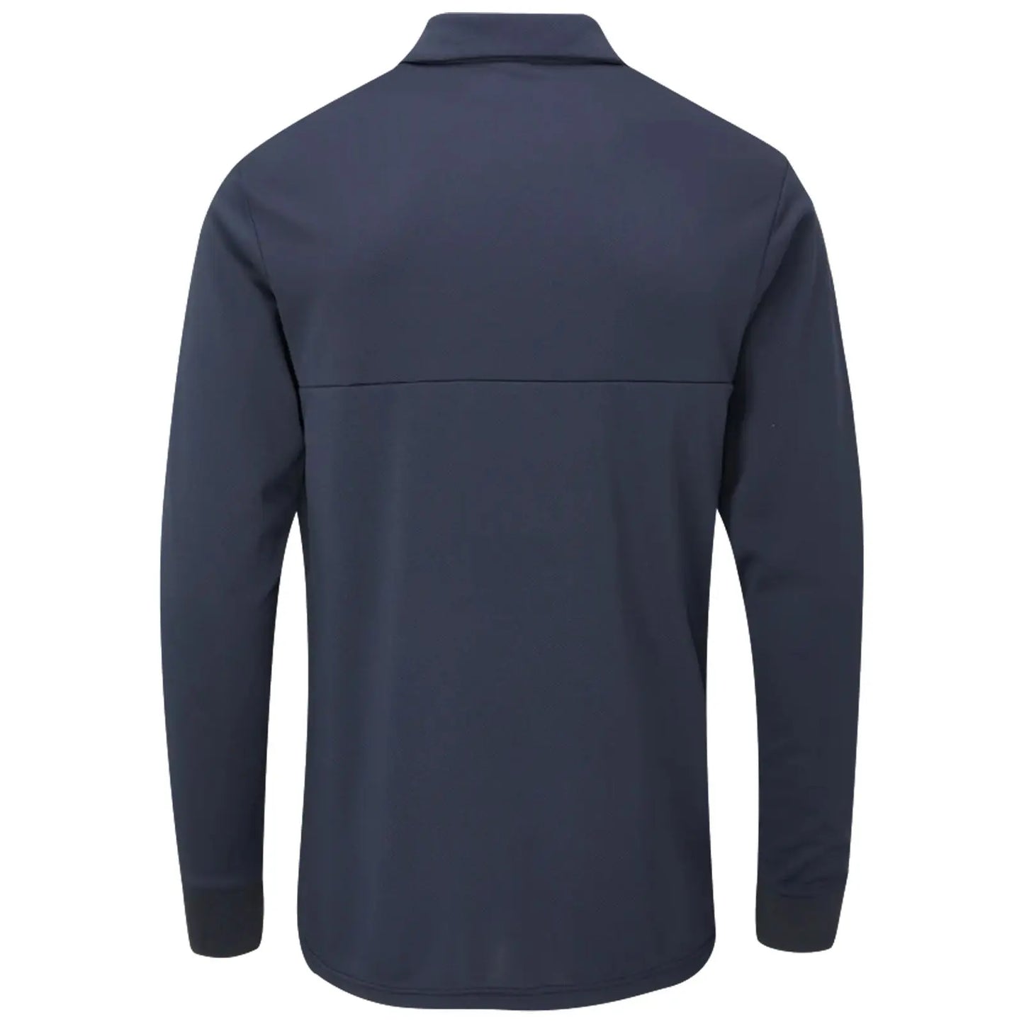 A long-sleeve navy polo shirt is displayed with its back facing the viewer showcasing a simple design and a smooth fabric texture. The shirt has a traditional collar and cuffed sleeves.