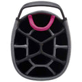 A round, gray container features a honeycomb interior design for organization. It has a pink handle at the top, suitable for carrying various items securely.