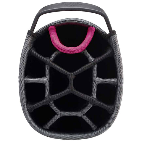 A round, gray container features a honeycomb interior design for organization. It has a pink handle at the top, suitable for carrying various items securely.