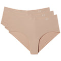 Three pairs of seamless beige women's underwear are displayed in a stacked arrangement showing their smooth fabric and curved edges with a logo visible on the waistband of each pair.