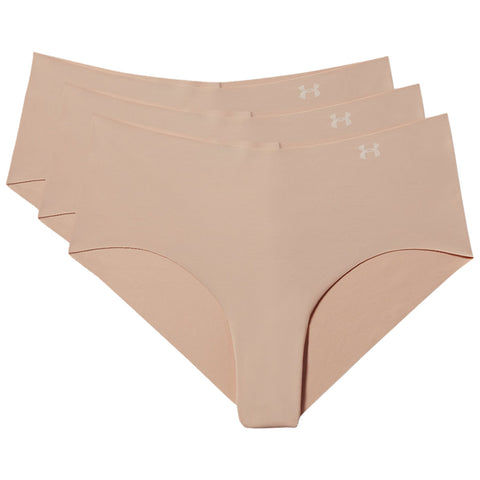Three pairs of seamless beige women's underwear are displayed in a stacked arrangement showing their smooth fabric and curved edges with a logo visible on the waistband of each pair.