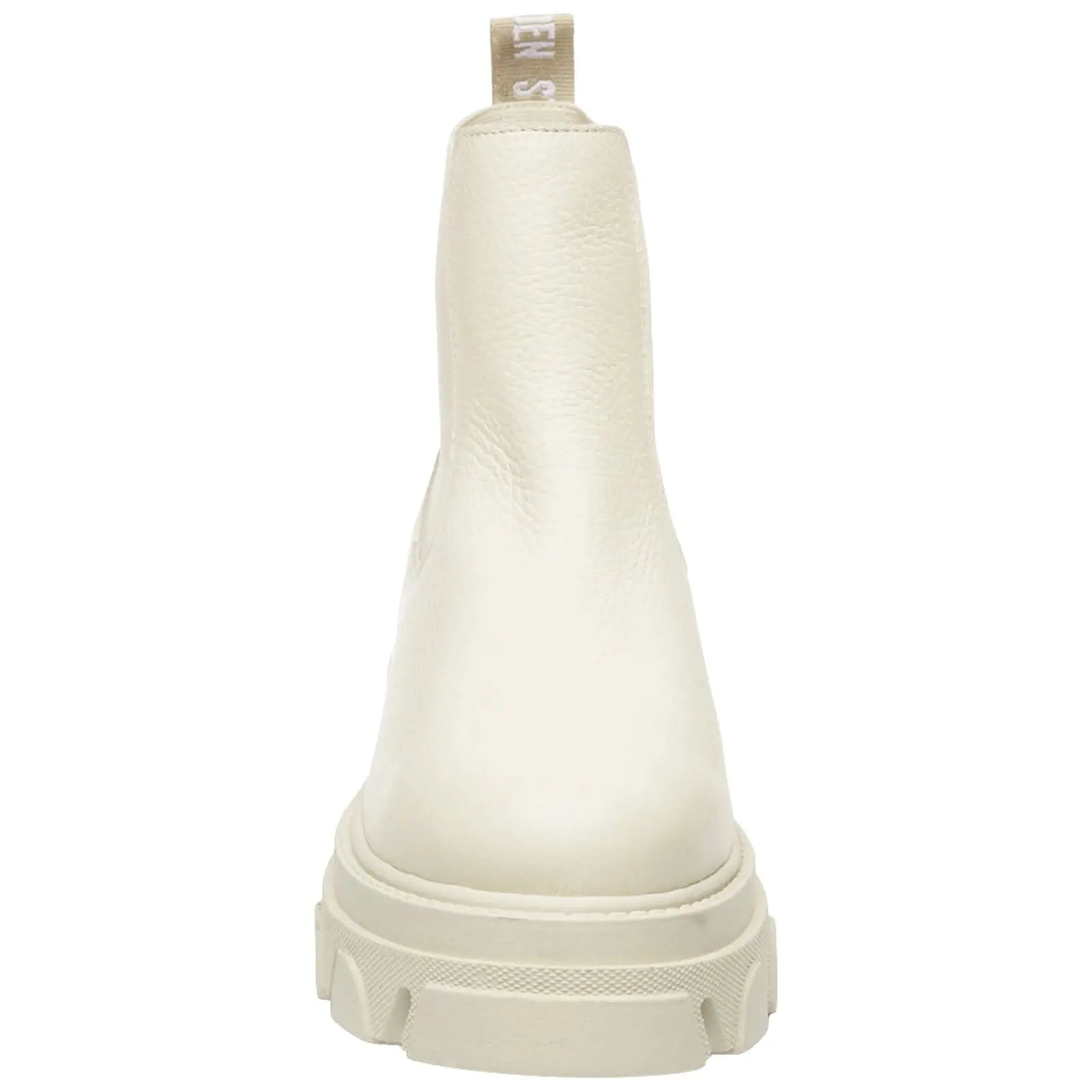 A cream-colored ankle boot is centered with a textured surface and a sturdy sole featuring a pronounced tread design facing backward in a neutral setting.
