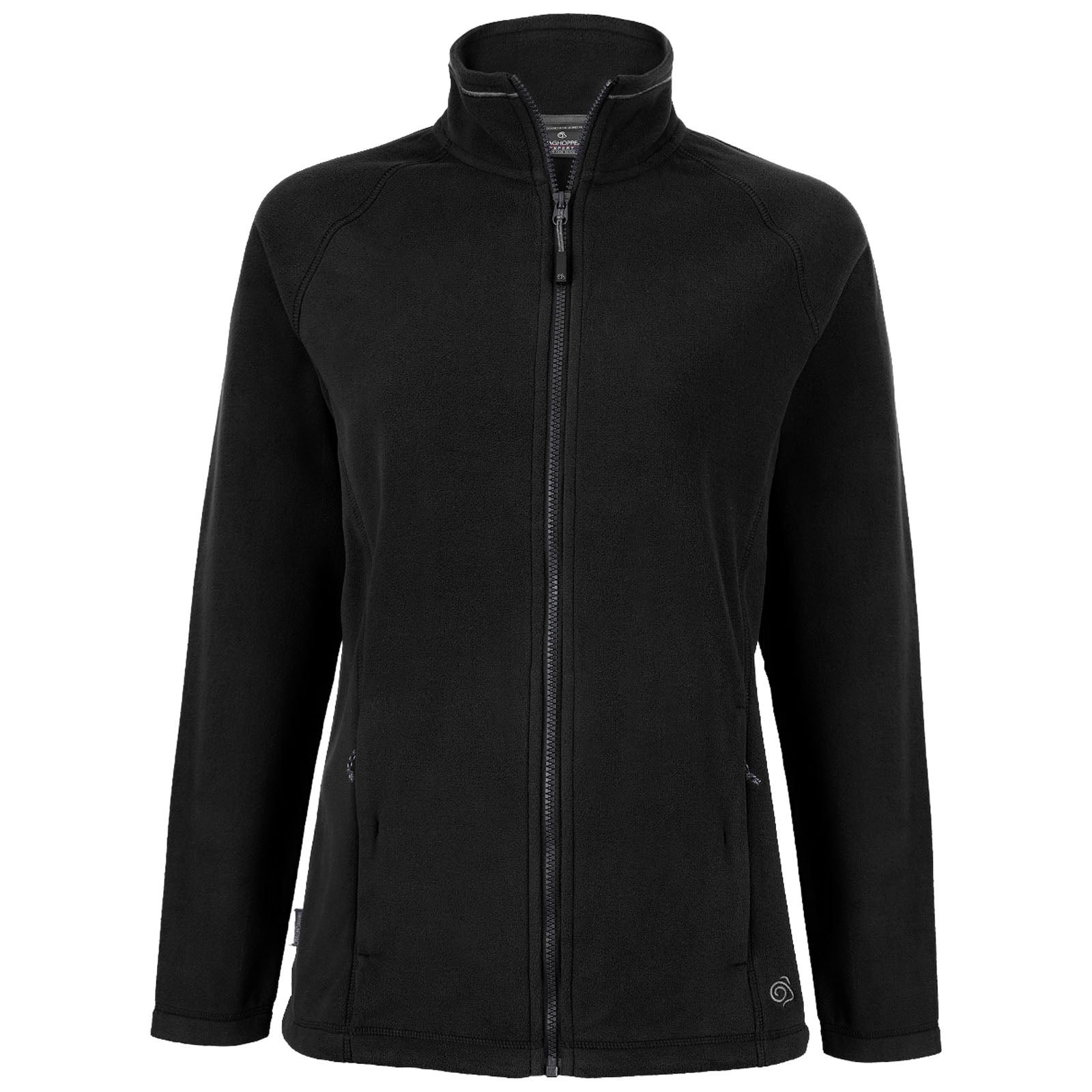 A black fleece jacket is displayed front-facing with a zippered closure and high collar featuring long sleeves and side pockets suitable for casual outdoor wear.