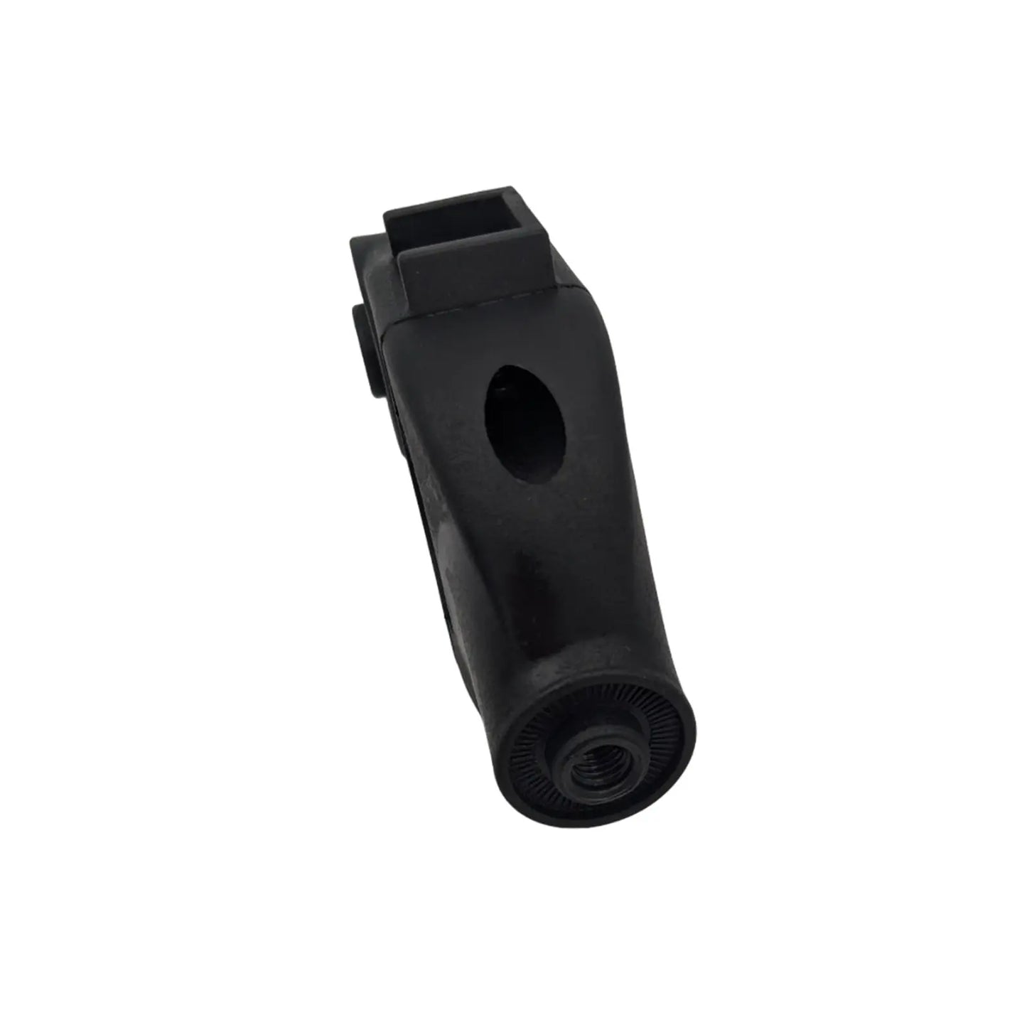 A black whistle rests on a white background, designed for sound production when blown, commonly used in sports or signaling, with a textured mouthpiece for grip and airflow.