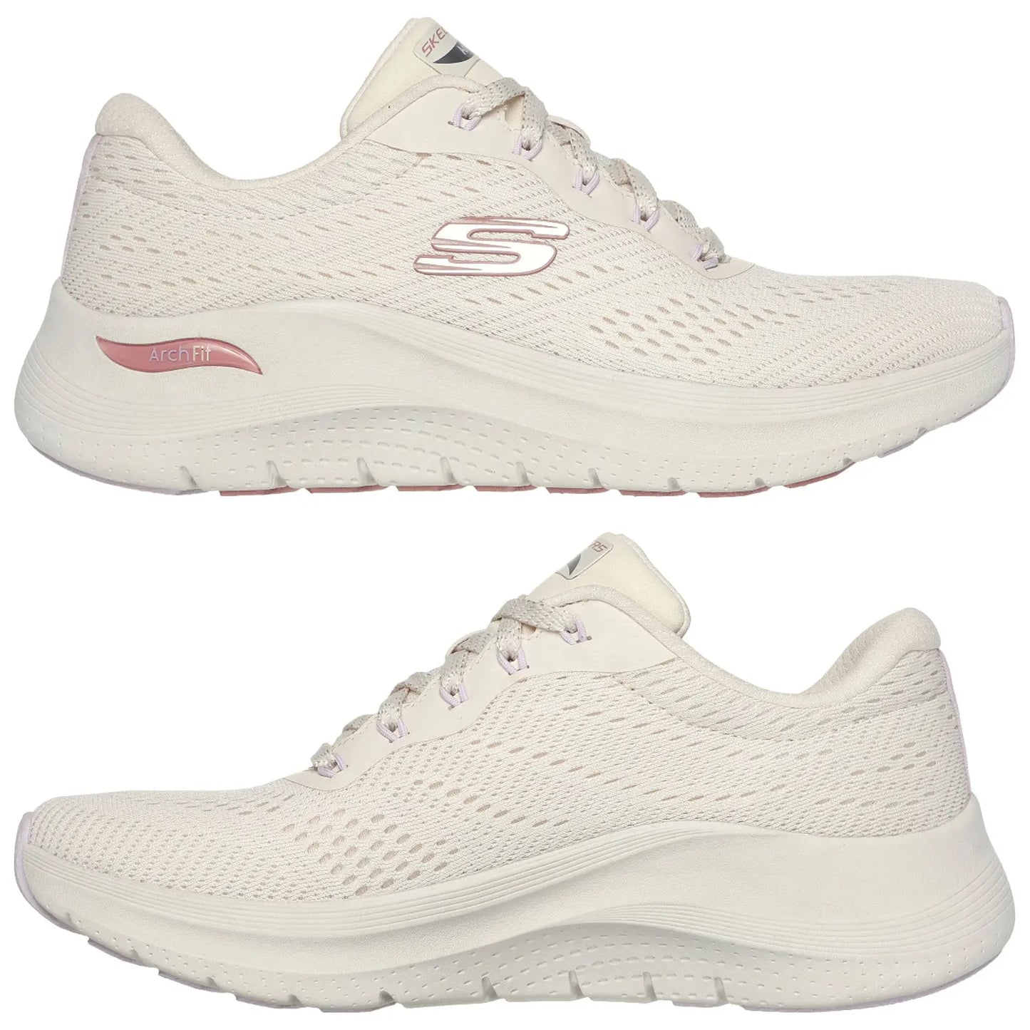 A pair of light-colored athletic shoes is featured positioned on a plain surface showcasing their mesh upper and cushioning sole designed for comfort and support labeled with Arch Fit branding.