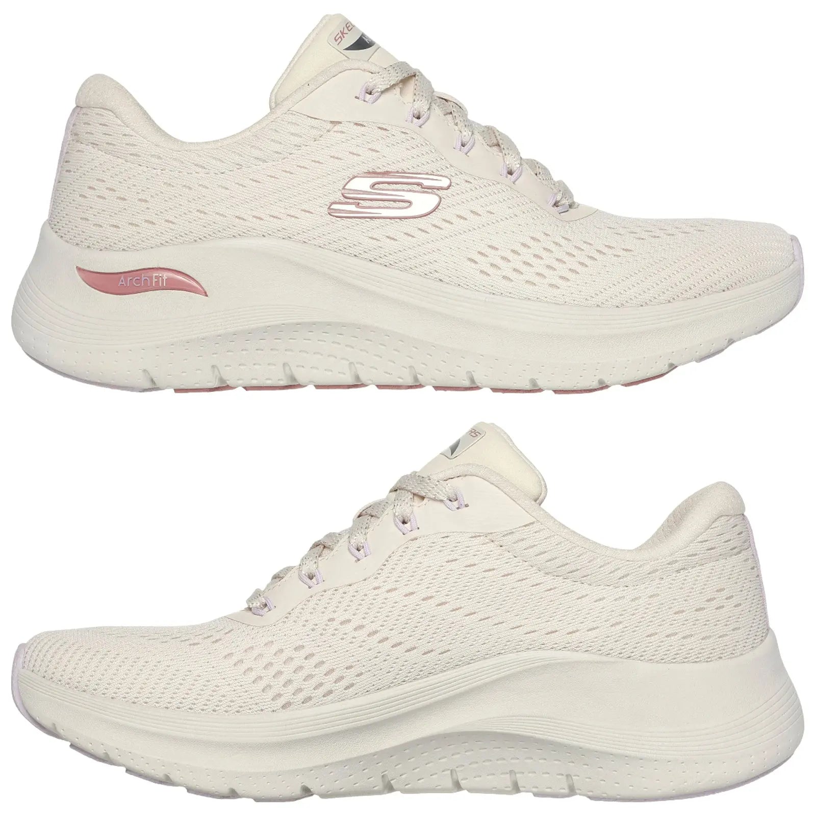 A pair of light-colored athletic shoes is featured positioned on a plain surface showcasing their mesh upper and cushioning sole designed for comfort and support labeled with Arch Fit branding.